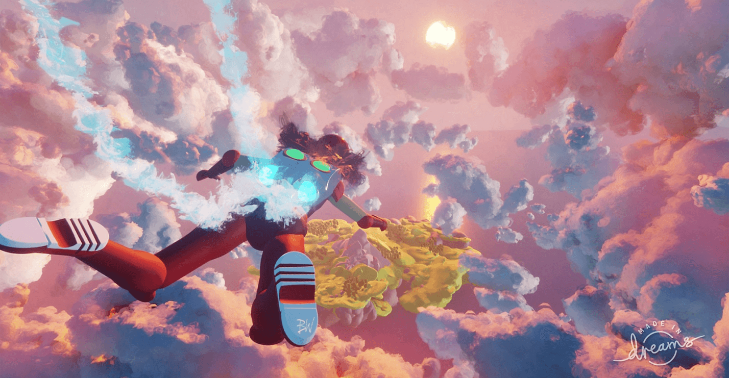 Scene from the video game, Dreams, showing the character in action