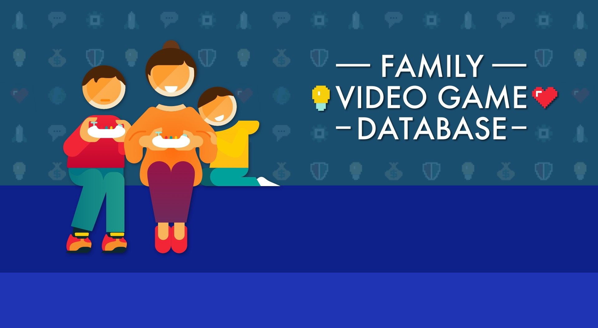 Two kids with their mother sitting on blue block with Family Video Game Database logo on the right side