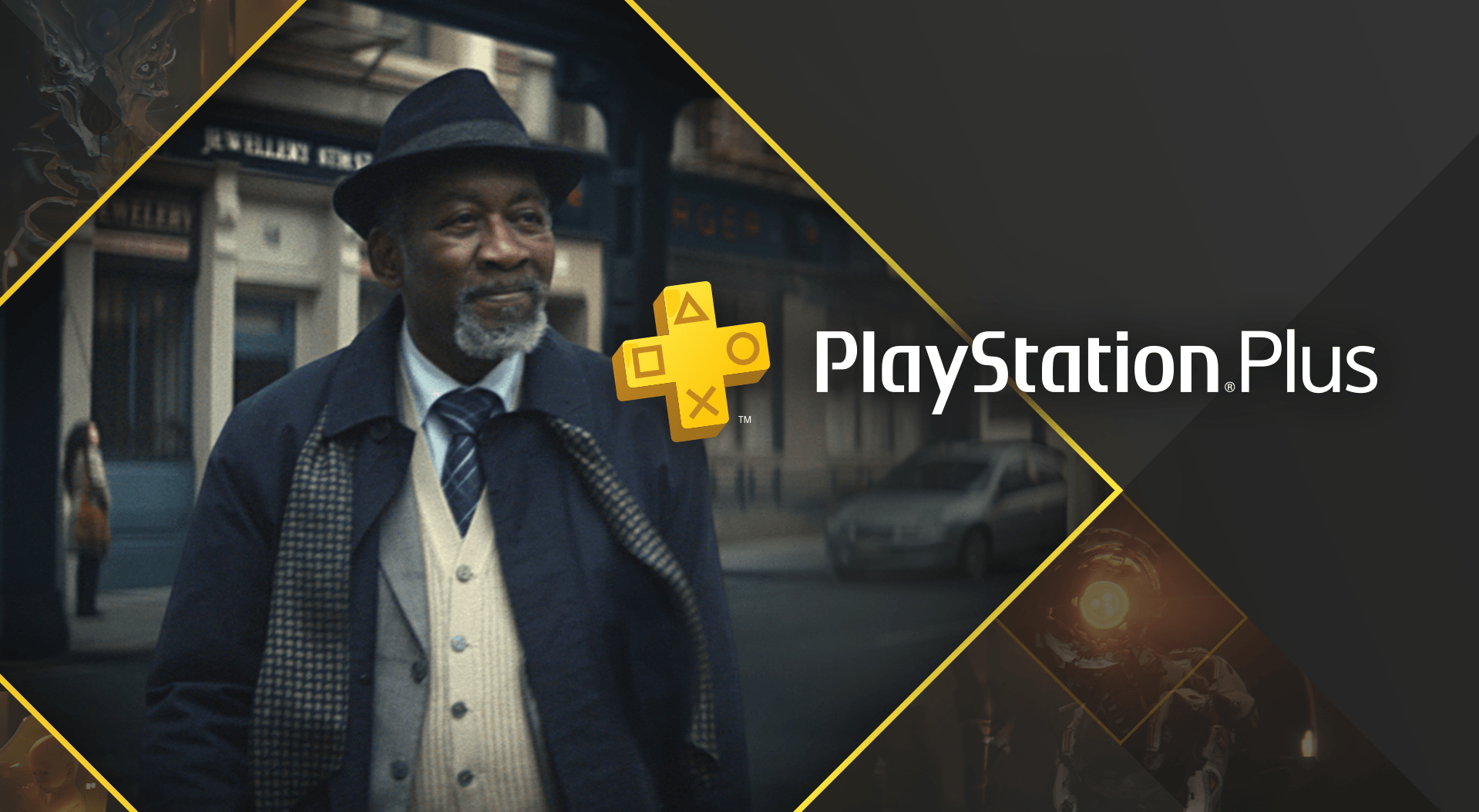 An elderly African-american man dressed in a suit with hat walking in the street. The PlayStation Plus logo displayed on top. In the background are easter eggs from select PlayStation Games