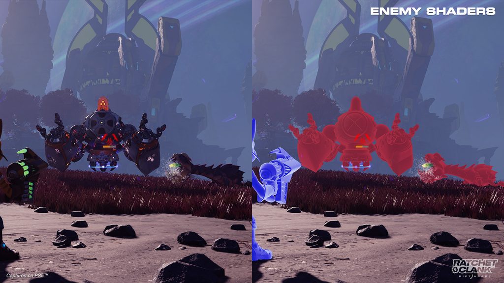 Side-by-side screenshots of Ratchet facing off against a Nefarious Juggernaut and a Savali Spitter. The left side is in full color. The right has Hero and Enemy Shaders on, so Ratchet is shaded blue and the two enemies are shaded red.
