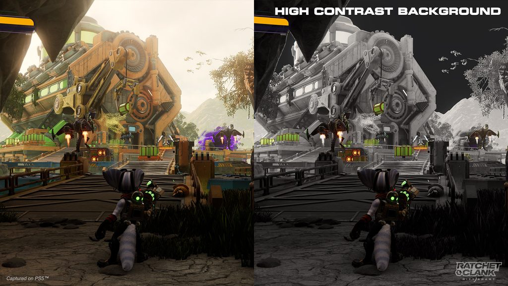 Side-by-side screenshots of Rivet exiting a cave to find an industrial platform guarded by Goons-4-Less with jetpacks. The left side is in full color. The right has High Contrast Background on, making the background grayscale while Rivet, the enemies, and various crates are in color.