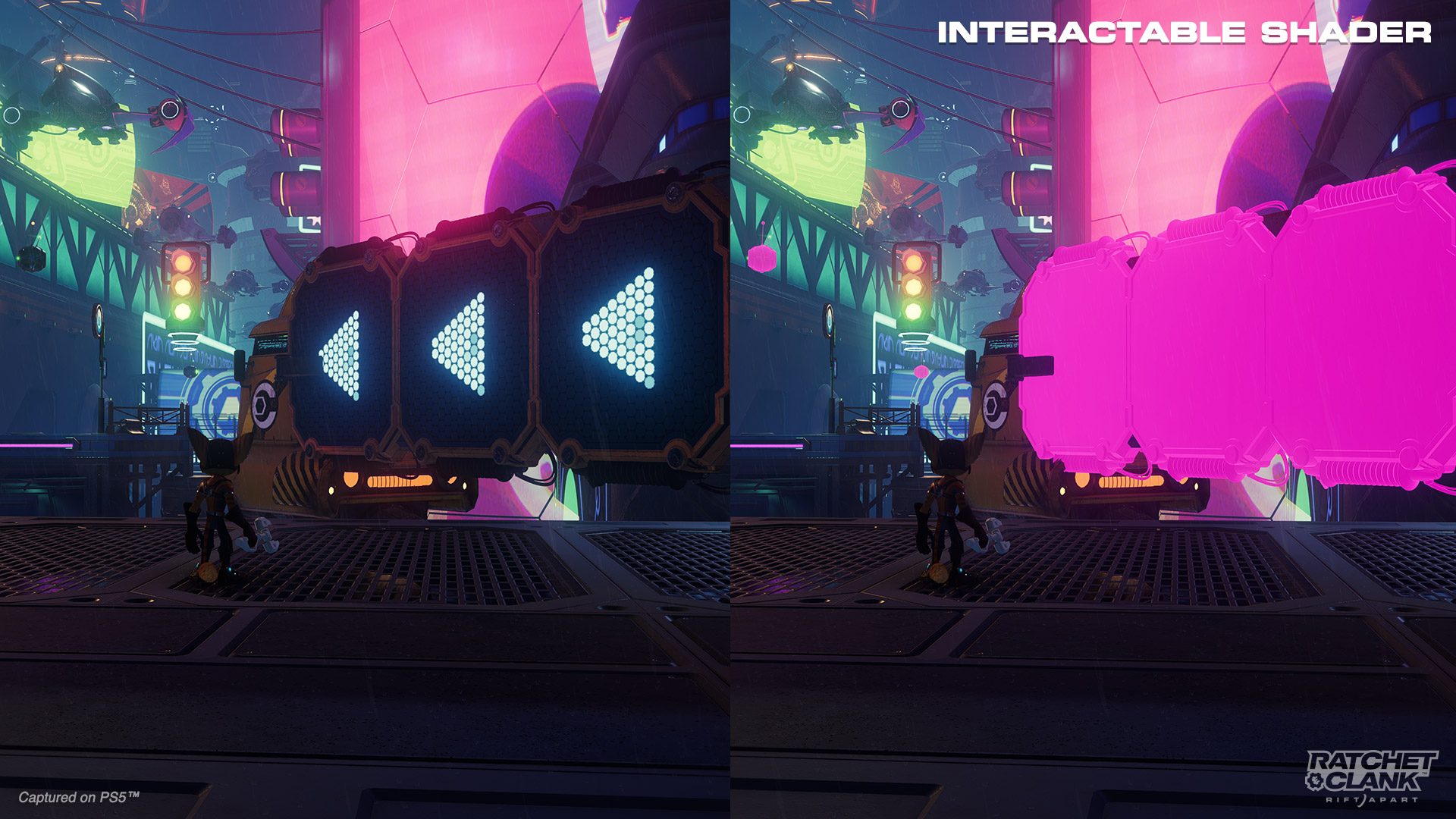 Side-by-side screenshots of Ratchet in Nefarious City lit by neon lights and signs. He is standing in front of a traversal section that includes a wall run and Versa swing target. The left side is in full color. The right has the Interactable Shader on, making the wall run and Versa swing target shaded magenta.