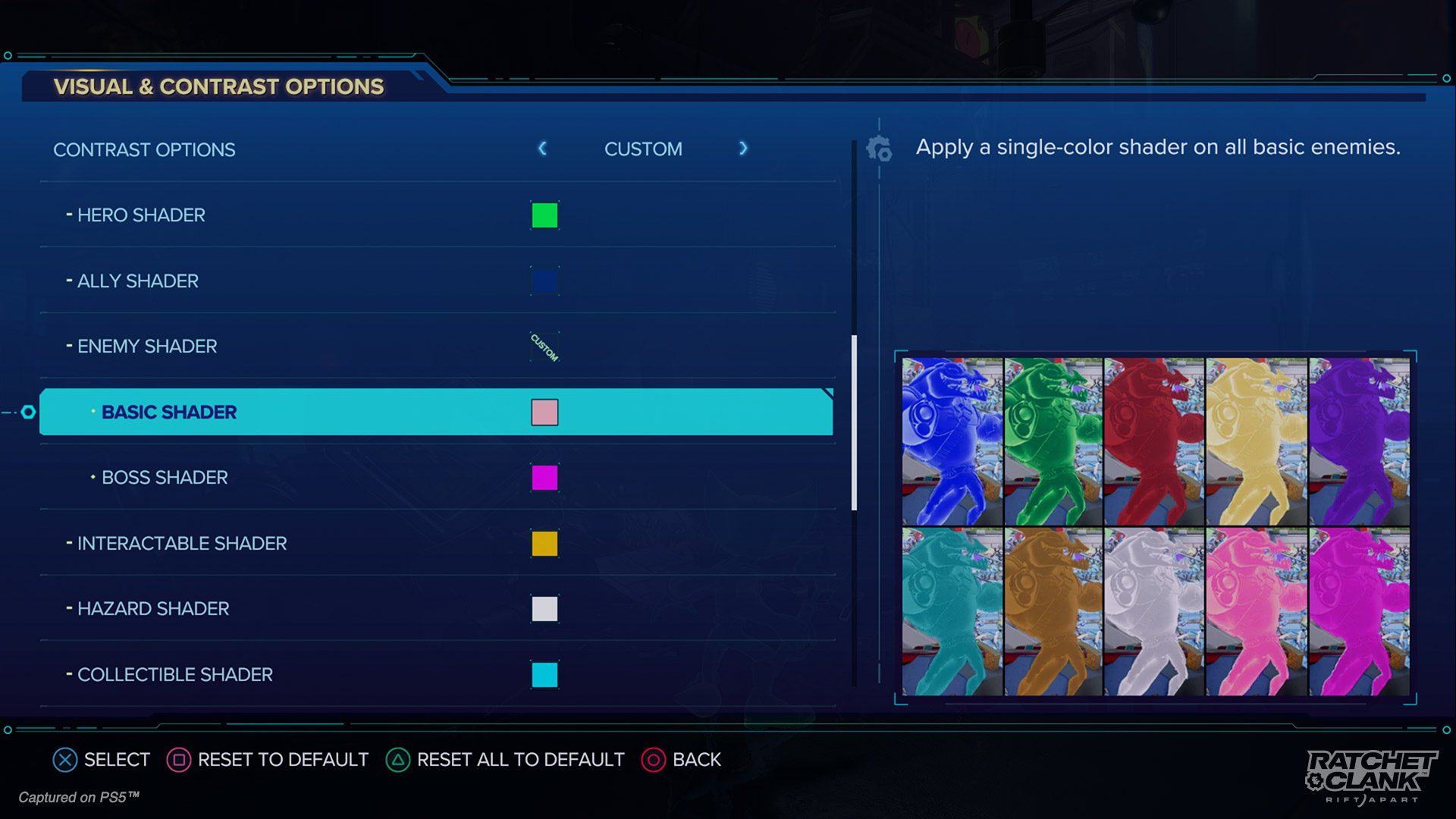Contrast Options menu showing the full list of Shaders: Hero, Ally, Basic Enemy, Boss Enemy, Interactable, Hazard, and Collectible.