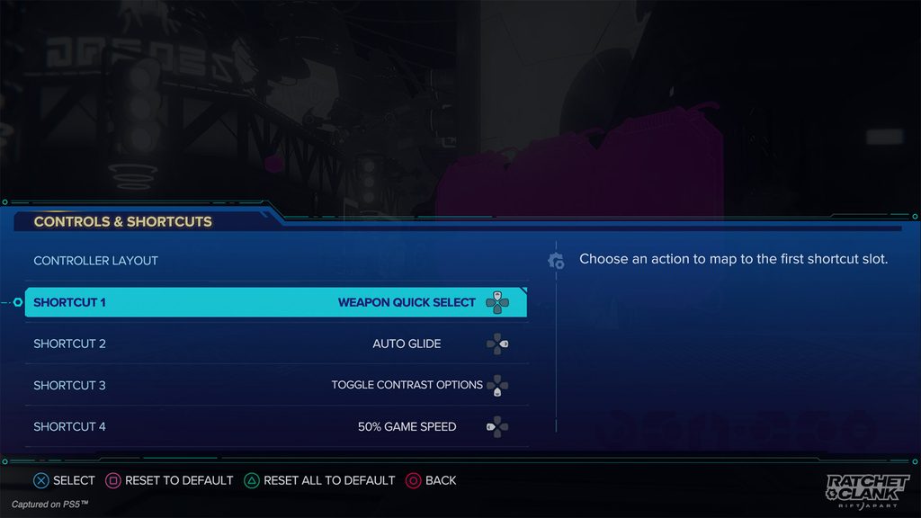 Controls & Shortcuts menu. Shortcut 1 is bound to Weapon Quick Select. Shortcut 2 is bound to Auto Glide. Shortcut 3 is bound to Toggle Contrast Options. Shortcut 4 is bound to 50% Game Speed.