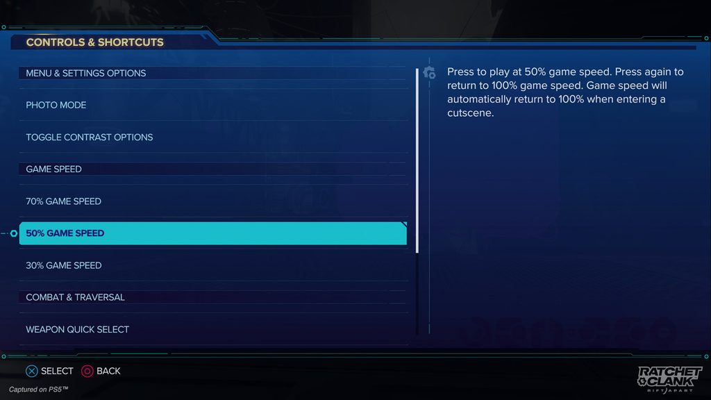 Shortcuts menu showing a variety of options including: Photo Mode; Toggle Contrast Options; Game Speeds of 30%, 50%, 70%; and Weapon Quick Select.