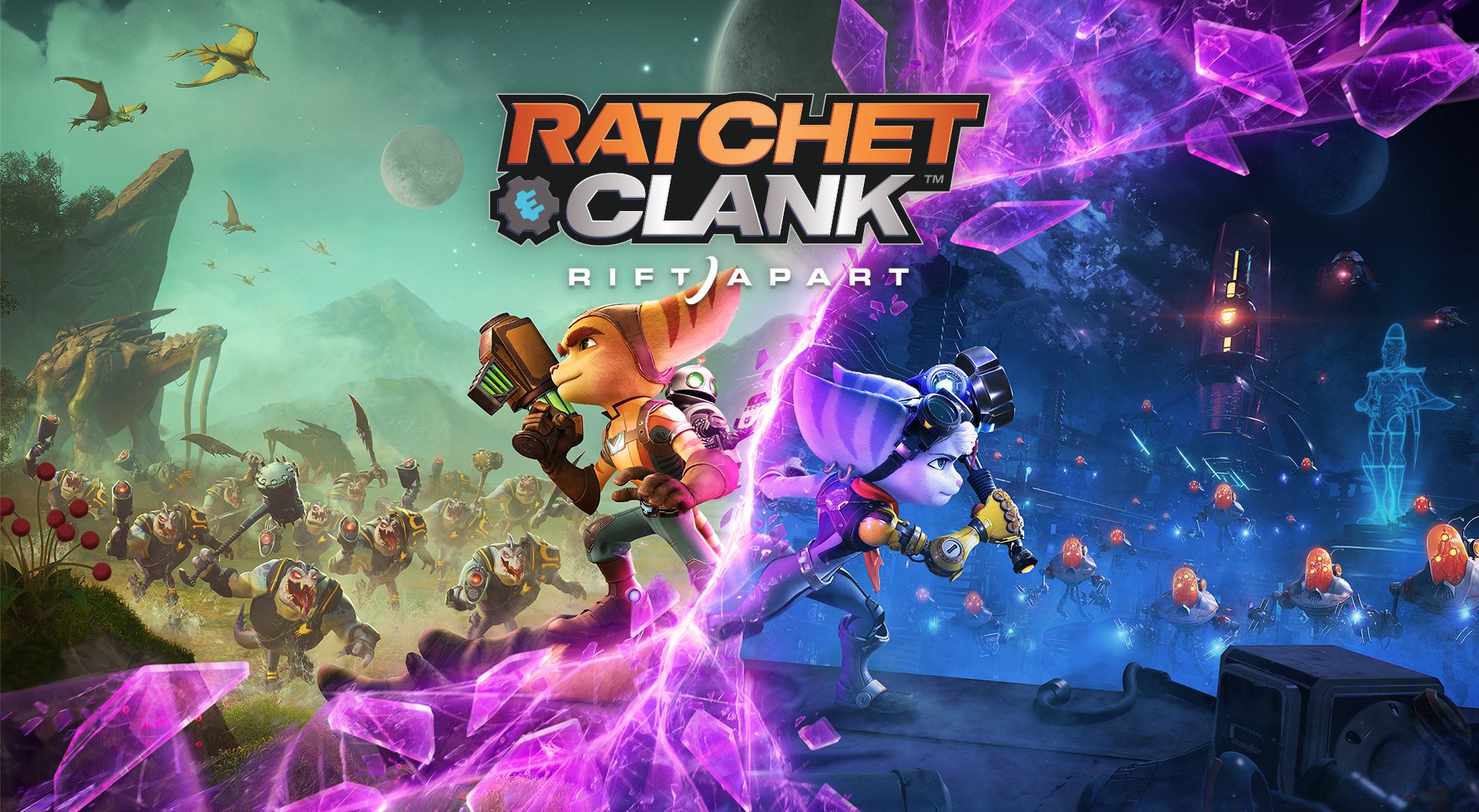 Ratchet and Rivet are standing in their own separate dimensions separated by a purple rift in the middle. Each are posing heroically with their weapons drawn and ready to fight the hordes of enemies surrounding them.