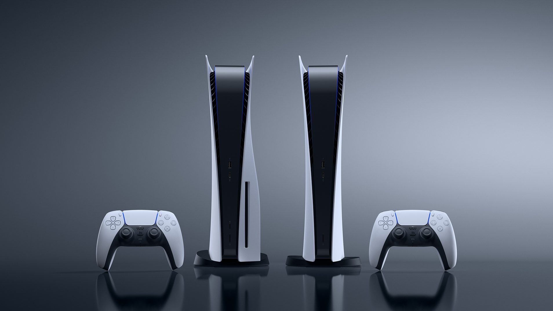 PlayStation 5 consoles, with and without disc drive, side by side on a grey background