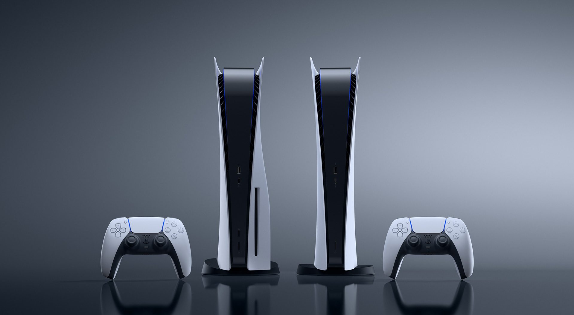 PlayStation 5 consoles, with and without disc drive, side by side on a grey background