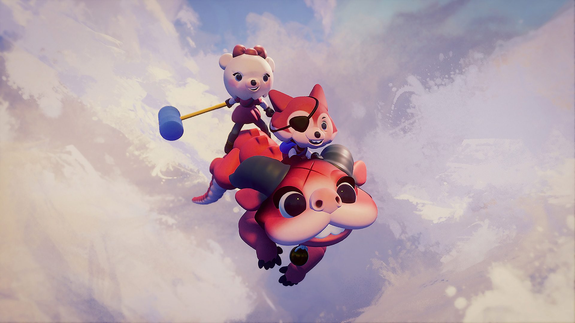 Characters from Media Molecule's Dreams riding a dragon in the clouds