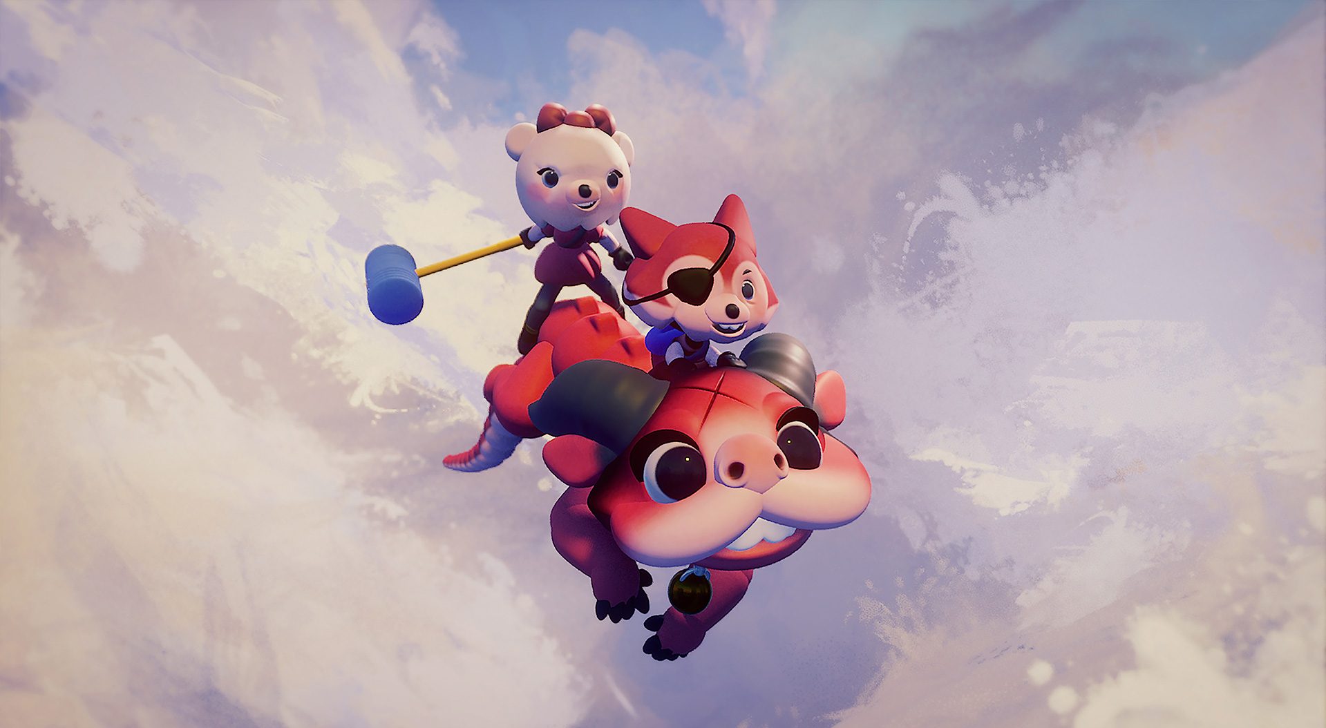 Characters from Media Molecule's Dreams riding a dragon in the clouds