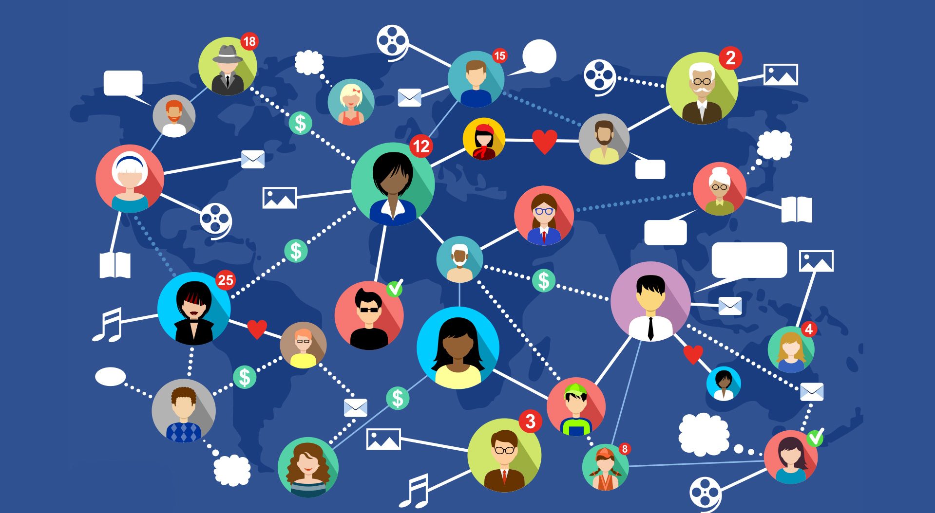 An interconnected web of icons on a field of blue featuring clipart of faceless employees of different races and genders connecting by lines to clipart of email, thought bubbles, and image icons.