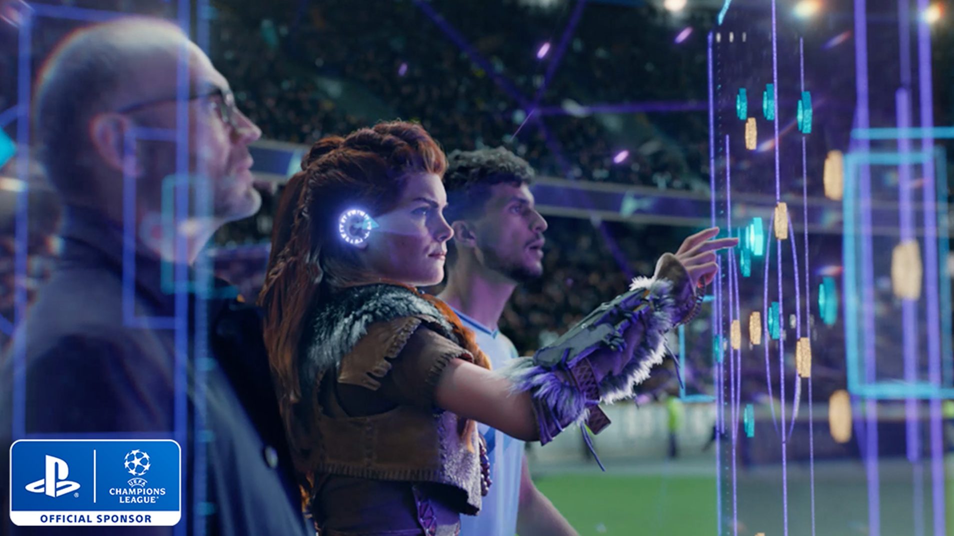 Aloy stands on the sideline of a soccer match using her focus to assist the team