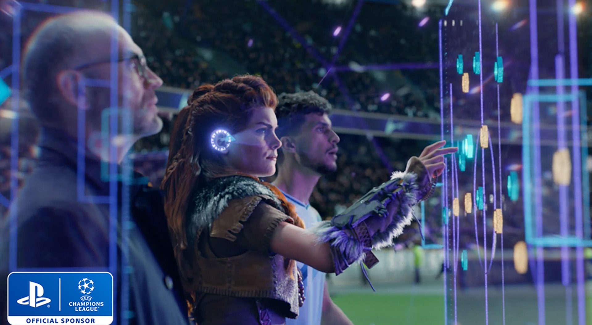 Aloy stands on the sideline of a soccer match using her focus to assist the team