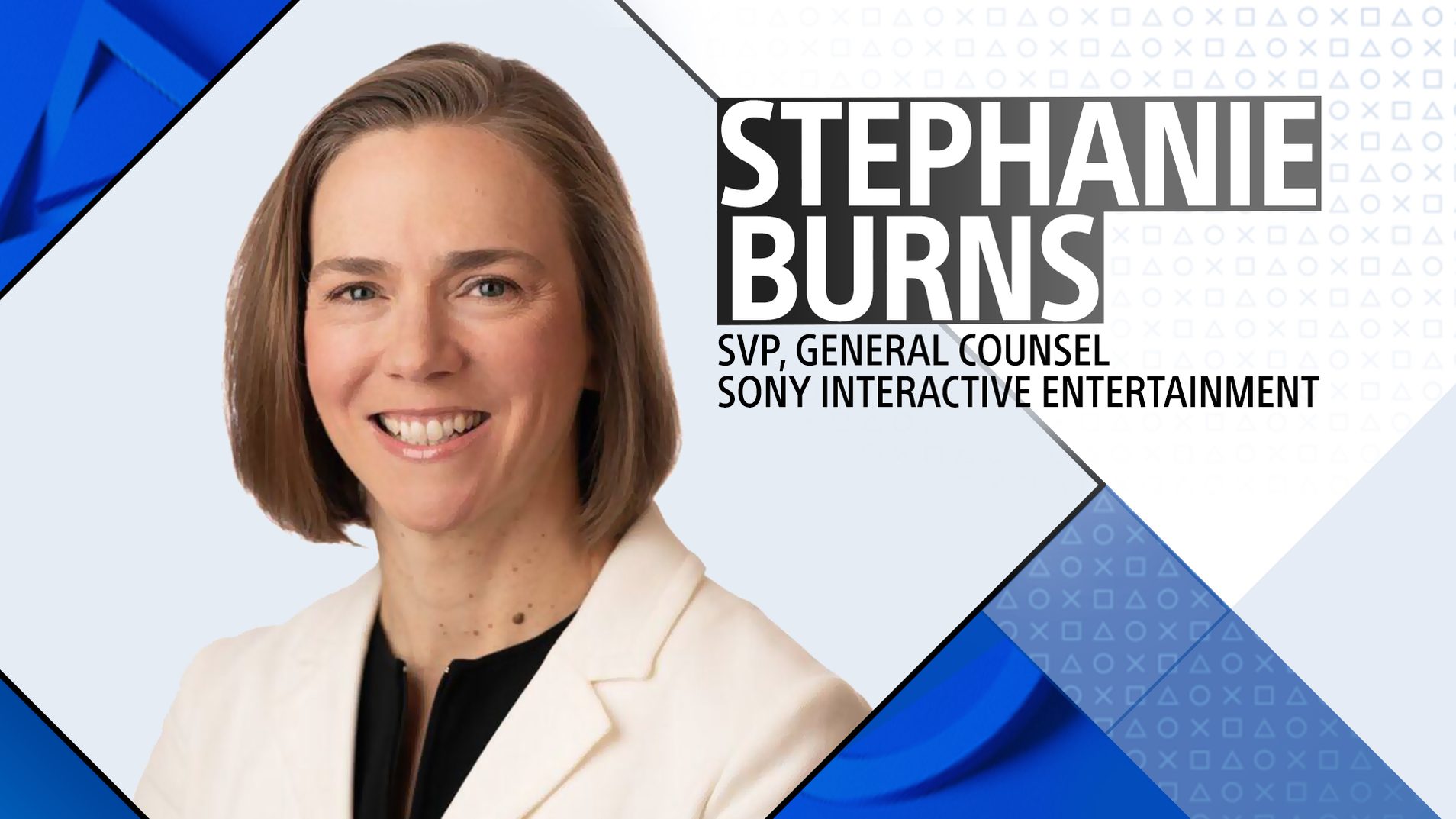 Sony Interactive Entertainment leadership spotlight banner image. Pictured is Stephanie Burns, SVP, General Counsel