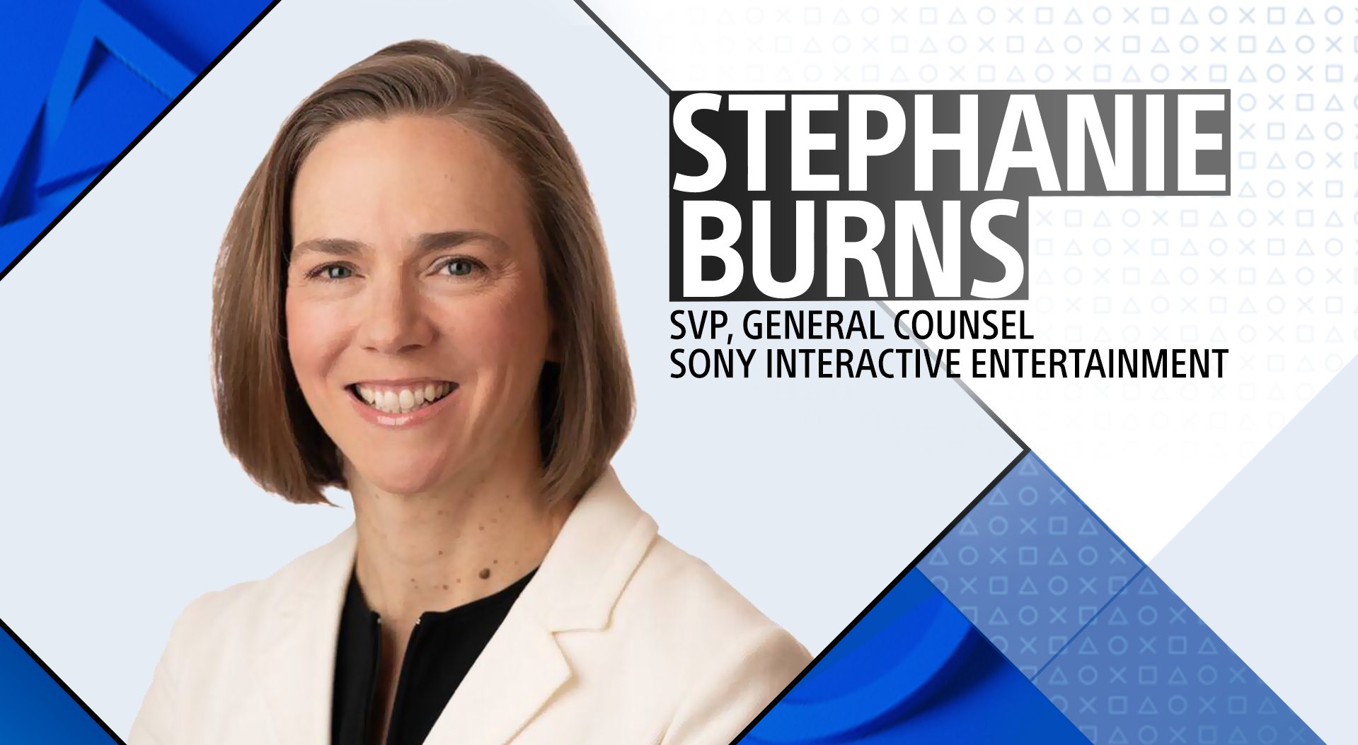 Sony Interactive Entertainment leadership spotlight banner image. Pictured is Stephanie Burns, SVP, General Counsel