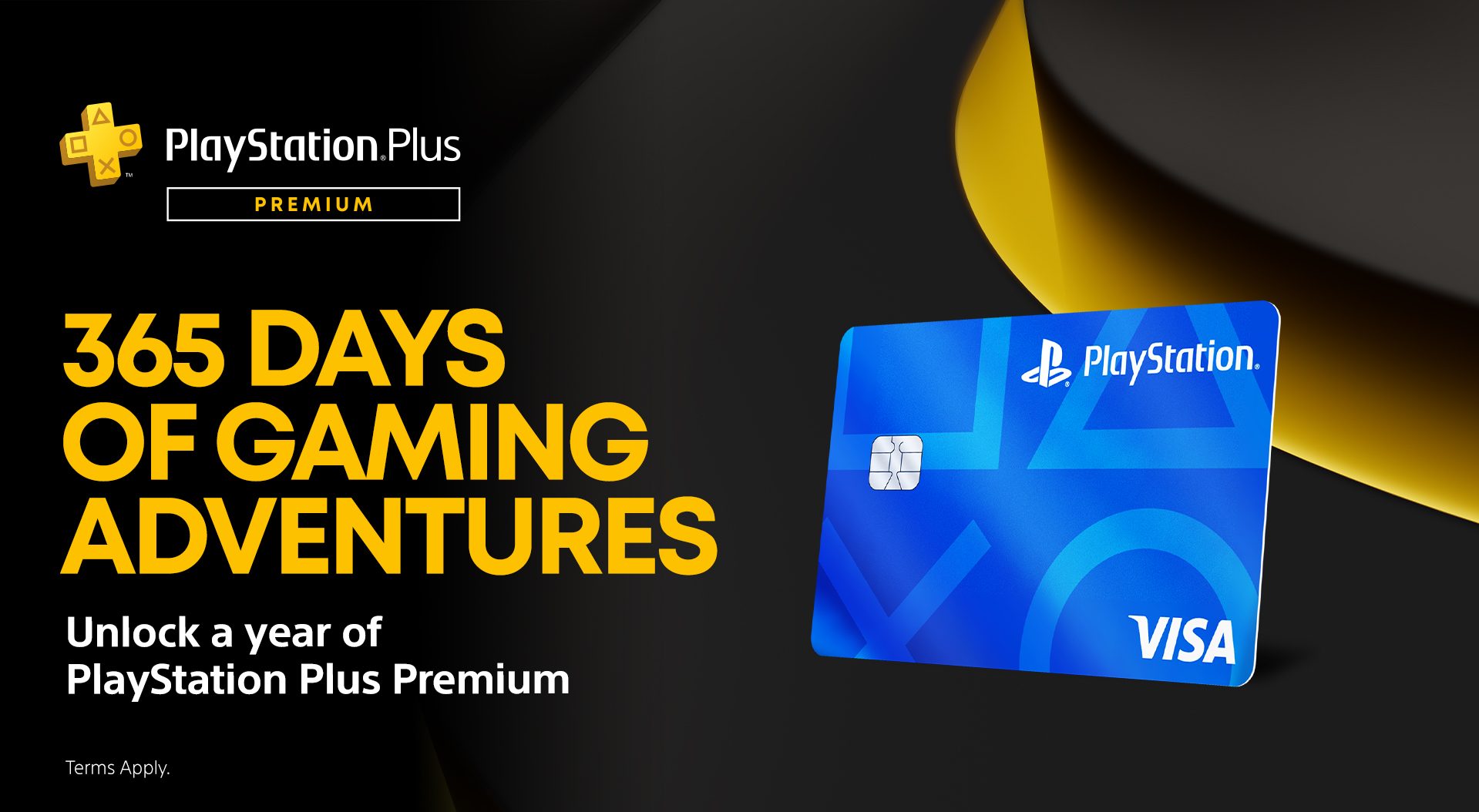 Promotional Image of PlayStation Credit Card. "365 Days of Gaming Adventures" in gold large text. "Unlock a year of PlayStation Premium" underneath in smaller text.