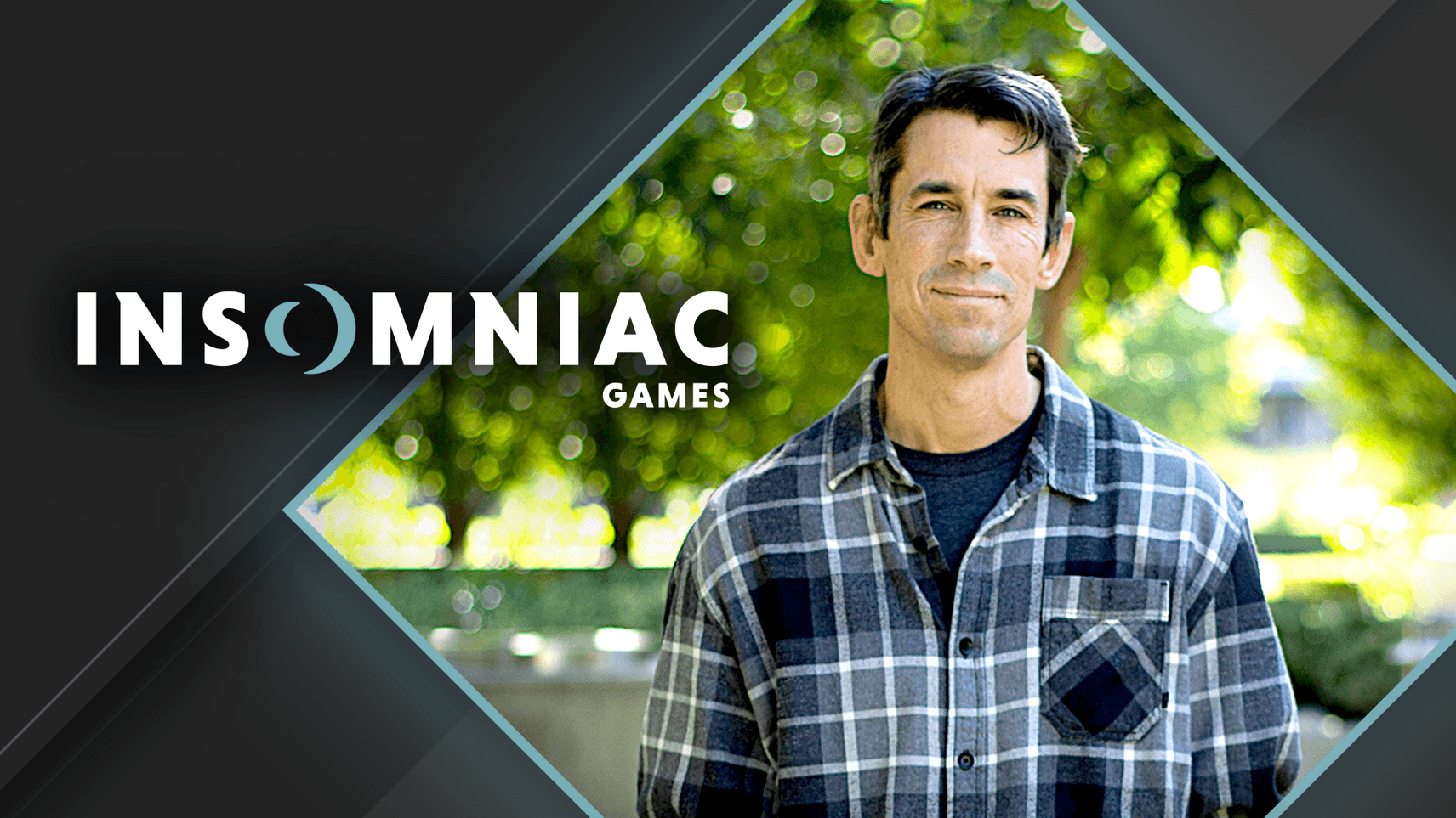 Insomniac Games Logo next to a headshot of Ted Price