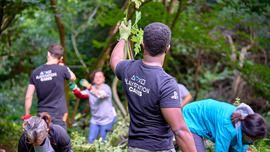 Employees wearing black PlayStation Cares t-shirts working on worked on projects supporting the local animal population and waterways.
