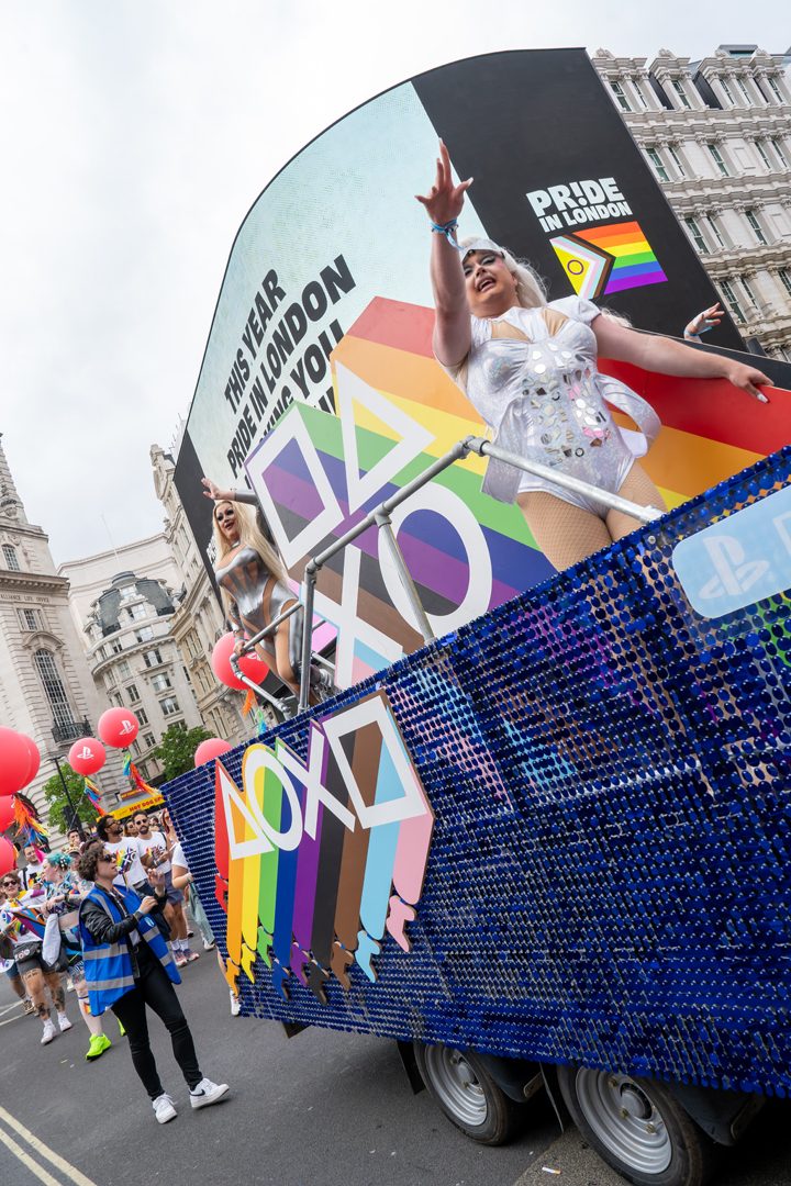 Drag artist on the PlayStation float the London pride parade.