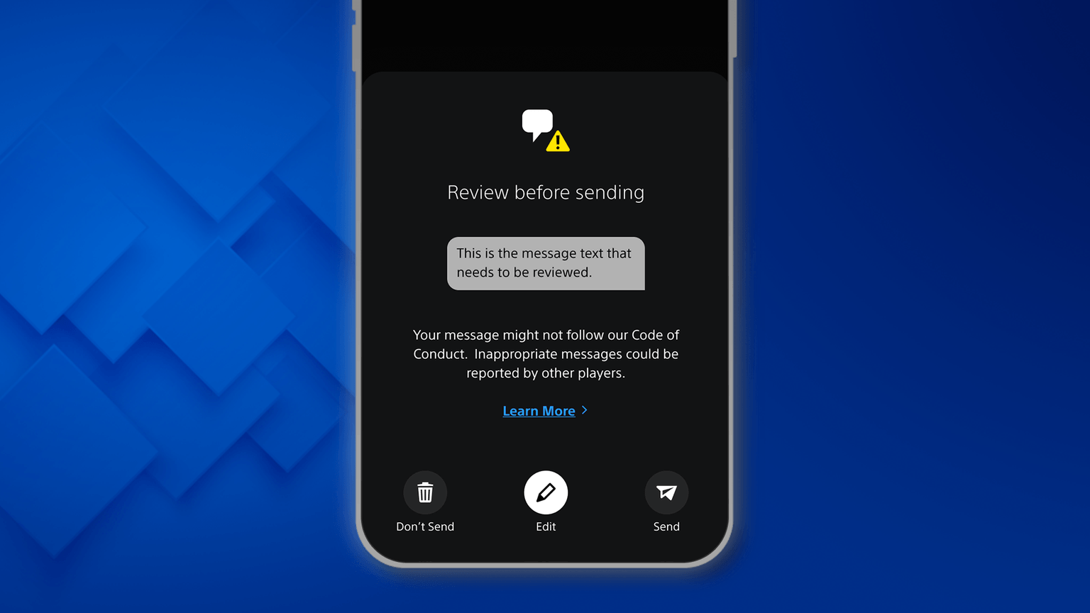 A smartphone mockup screen shows the the Nudge feature working, encouraging a player to review their message before sending, as it may be inappropriate and may not follow the PlayStation code of conduct.