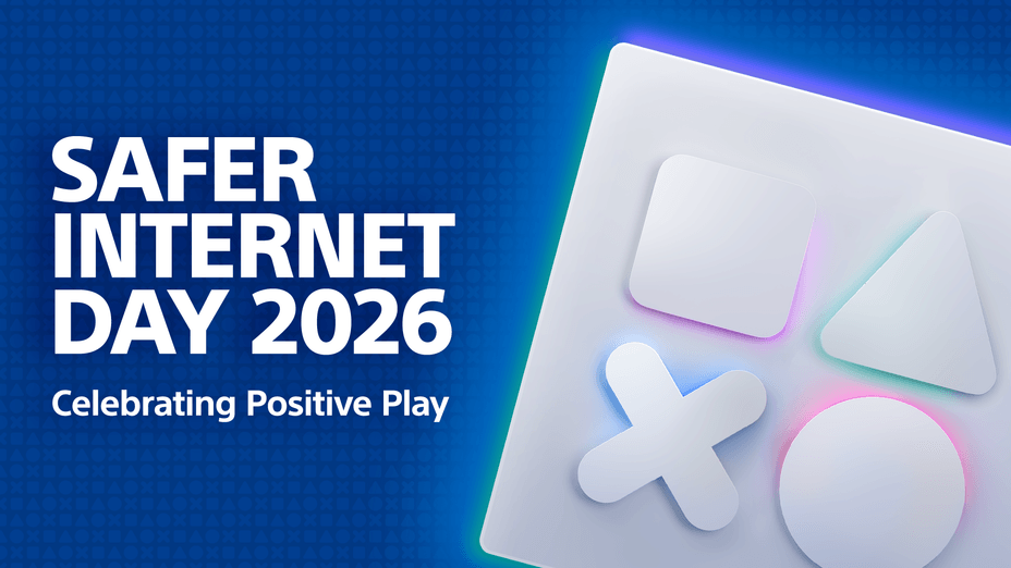 The PlayStation Family app icon on a blue background with the text: Safer Internet Day 2026 Celebrating Positive Play
