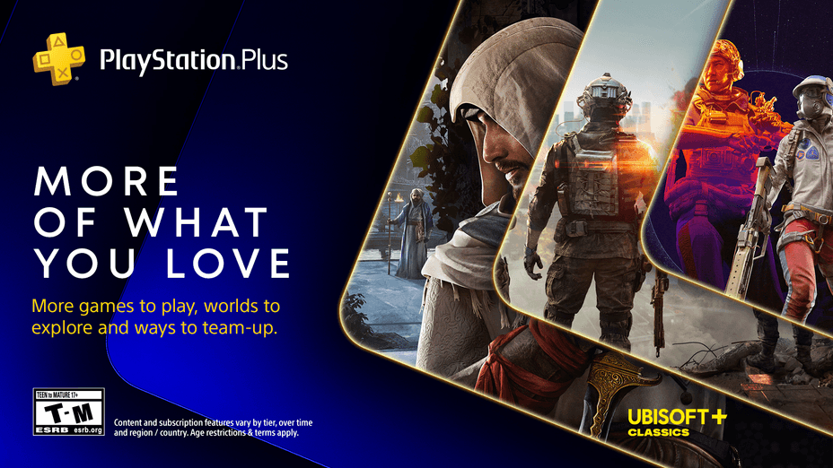 PlayStation Plus 2026 promotional banner image. "More of what you love" is the campaign slogan next to images of Assassin's Creed, Battlefield 6, and Arc Raiders