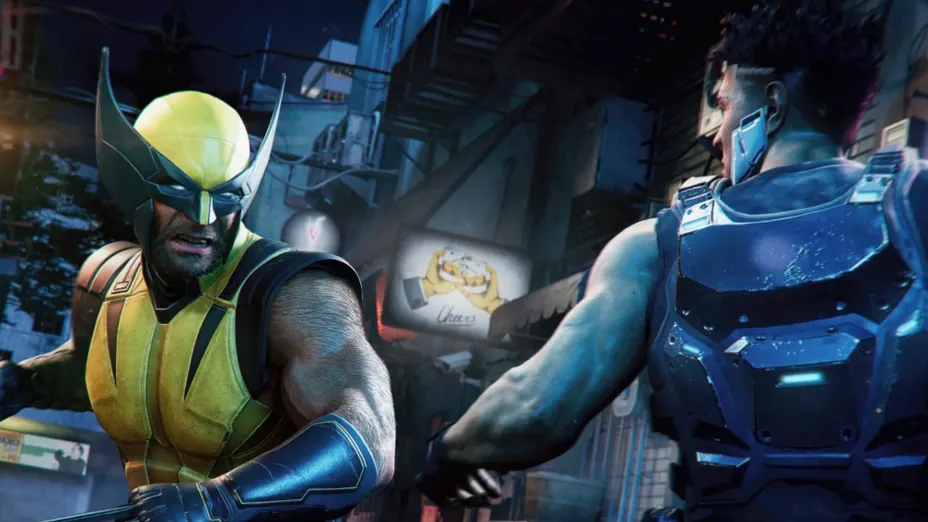 Wolverine in his classic yellow-and-black suit with extended claws facing off against an armored opponent in a dark alley at night.
