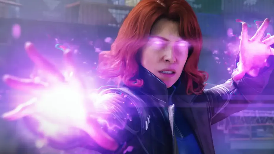 Jean Grey from Marvel's Wolverine video game with glowing purple eyes and energy radiating from her hands.