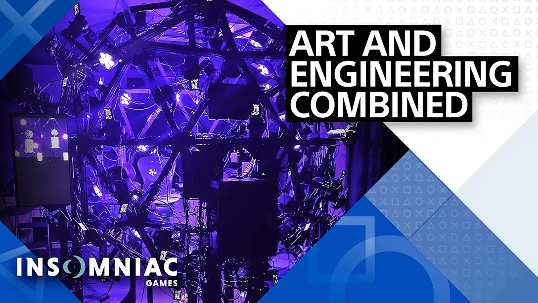 Insomniac Games promotional graphic reading 'Art and Engineering Combined' over a purple-lit 3D motion capture rig.