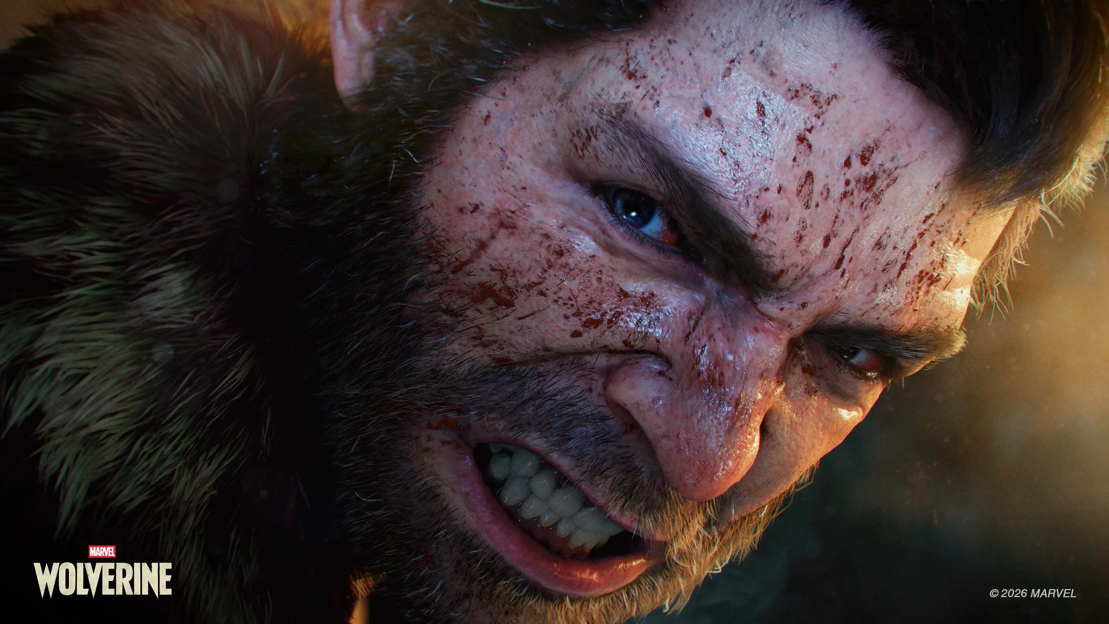 Cinematic close-up from 'Marvel’s Wolverine' showing Logan's blood-spattered face as he snarls with gritted teeth in a fierce, enraged expression. In the bottom left corner, a small red-and-white Marvel logo sits directly above the white game title logo, with a subtle copyright notice positioned in the bottom right corner.