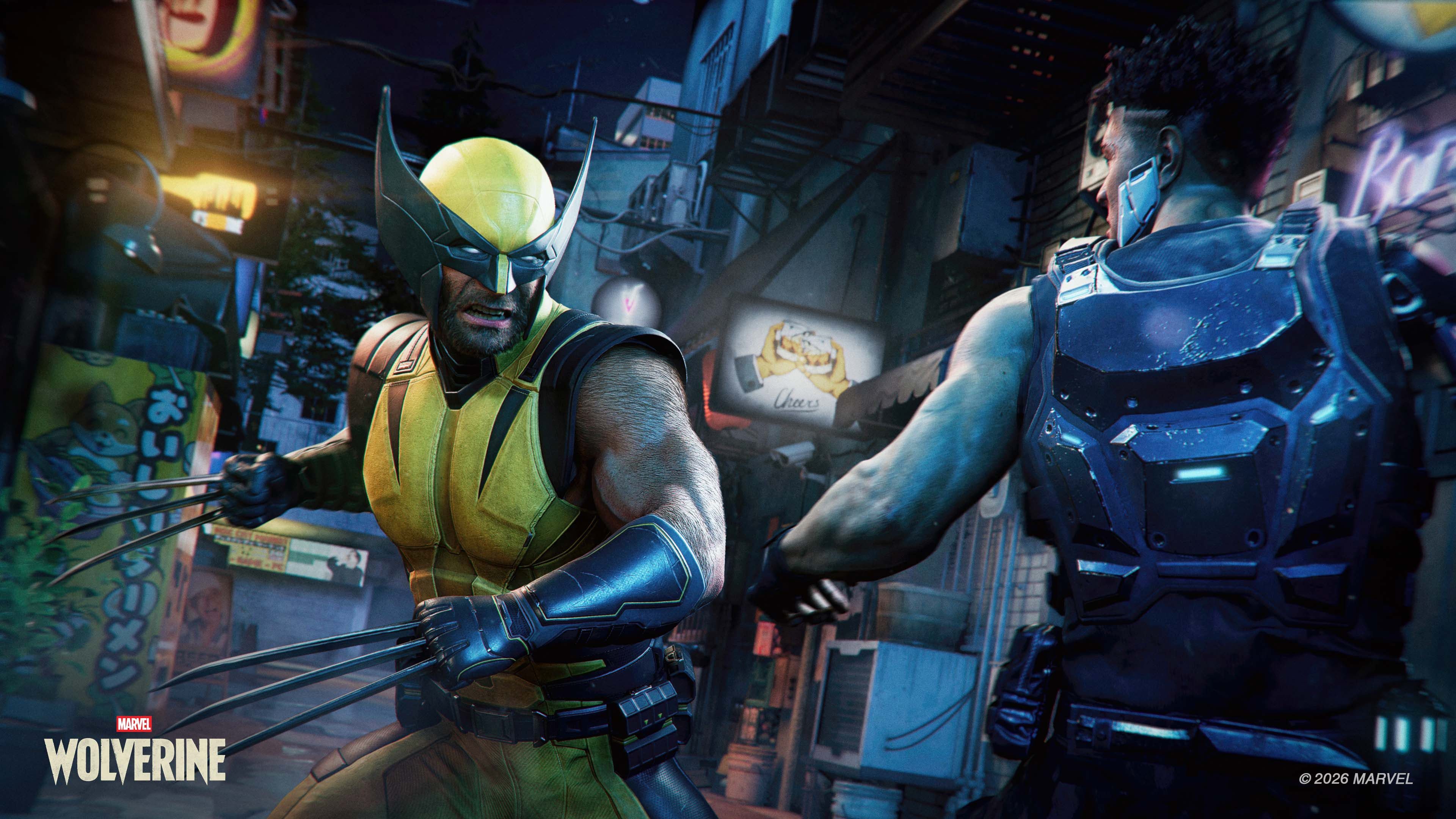 Gameplay screenshot from 'Marvel’s Wolverine' showing a combat encounter in a neon-lit Japanese alleyway at night. Wolverine stands with adamantium claws extended next to a glowing ramen shop sign as he faces an armored enemy, with a small red-and-white Marvel logo positioned in the bottom left corner directly above the white game title logo.