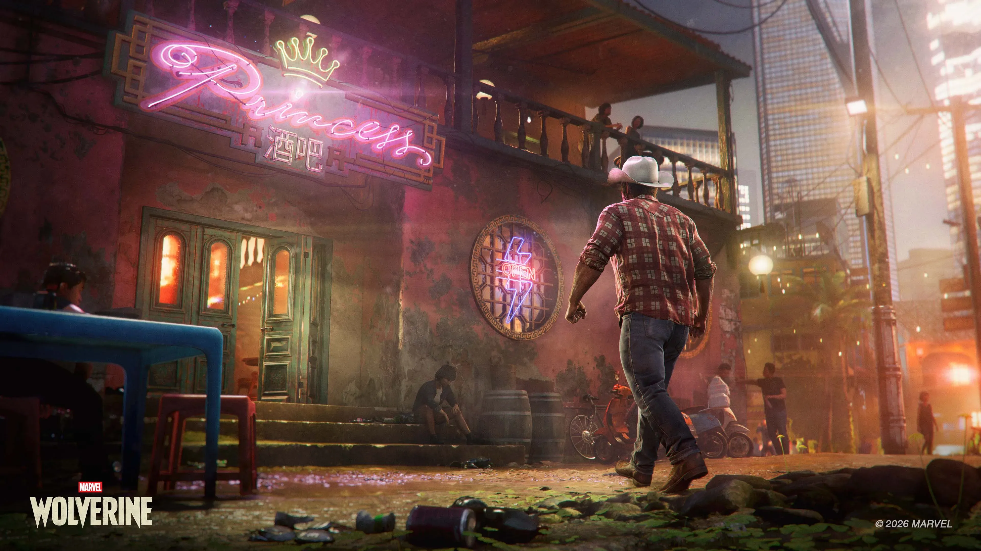 In-game screenshot from 'Marvel’s Wolverine' showing Logan from behind as he walks toward a weathered bar with a neon pink 'Princess' sign written in English and Chinese. He is wearing a plaid shirt, jeans, and a white cowboy hat. In the bottom left corner, a small red-and-white Marvel logo sits directly above the white game title logo, with a copyright notice in the bottom right corner.
