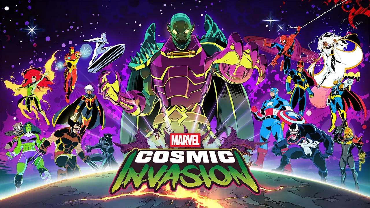Official art for 'Marvel Cosmic Invasion' with a giant Super-Skrull centered against a starry space background. A large ensemble of heroes, including Iron Man, Wolverine, Captain America, Spider-Man, and Venom, surround him above a planet. At the bottom, a small red-and-white Marvel logo sits directly above the game title logo.