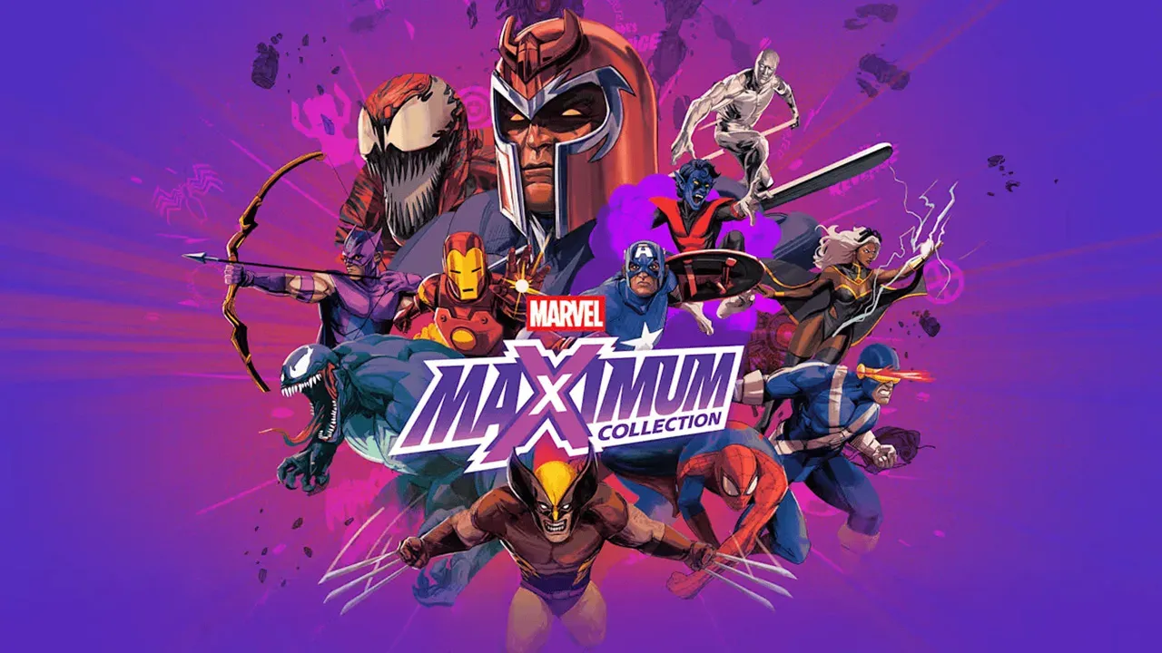Official promotional art for 'Marvel Maximum Collection' featuring an ensemble of characters including Magneto, Wolverine, Spider-Man, Venom, and Iron Man against a purple background. In the lower-center, the game title logo sits above Wolverine, with a small red-and-white Marvel logo placed directly above it.