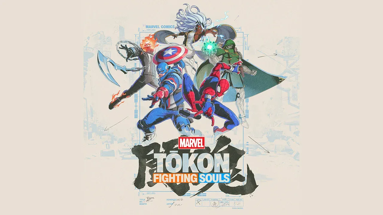 Official promotional art for 'Marvel Tōkon Fighting Souls' styled as a comic book draft grid on an off-white background. Characters Spider-Man, Captain America, Ghost Rider, Storm, and Doctor Doom pose dynamically above a large stylized game logo. A small red-and-white Marvel logo sits directly above the main title text.