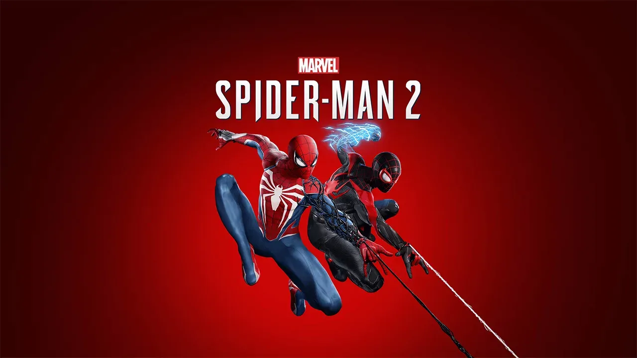 Official promotional key art for 'Marvel’s Spider-Man 2' featuring Peter Parker and Miles Morales swinging mid-air side-by-side against a solid red background. Peter's suit is partially covered in black symbiote tendrils, while Miles' fist glows with blue bio-electricity, with the white game title logo centered above them and a small red-and-white Marvel logo positioned directly above it.