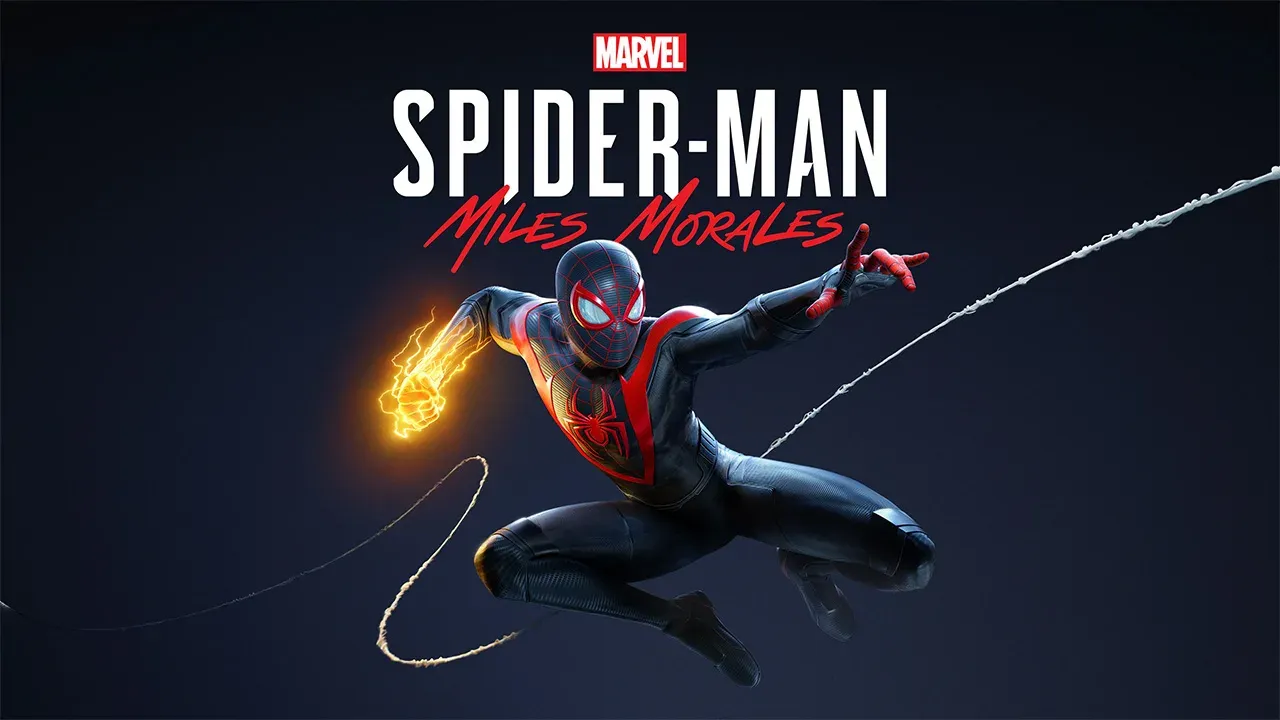 Official promotional art for 'Marvel's Spider-Man: Miles Morales' featuring Miles Morales in his black-and-red suit. He mid-air web-slings against a dark blue gradient background while his right fist glows with bio-electric venom power, below a small red-and-white Marvel logo positioned at the top center directly above the white and red game title logo.