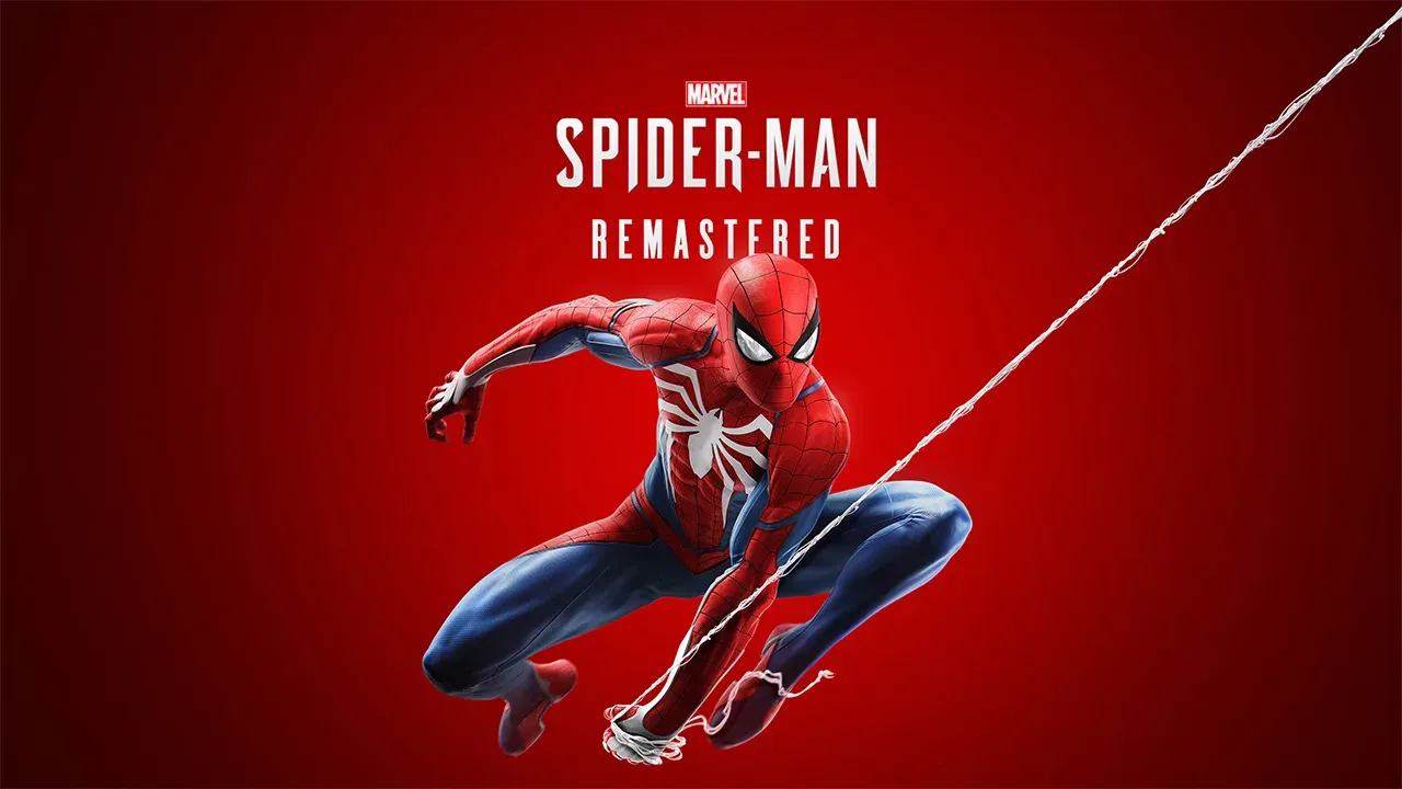Official promotional art for 'Marvel's Spider-Man Remastered' featuring Peter Parker in his Advanced Suit with a prominent white spider emblem. He is crouched dynamically in a web-swinging pose against a vibrant red background, while a small red-and-white Marvel logo sits at the top center directly above the white game title text.