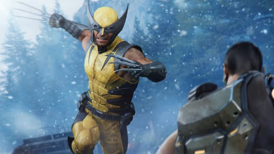 Wolverine charges toward an armored enemy with his claws extended in a snowy, forested environment.