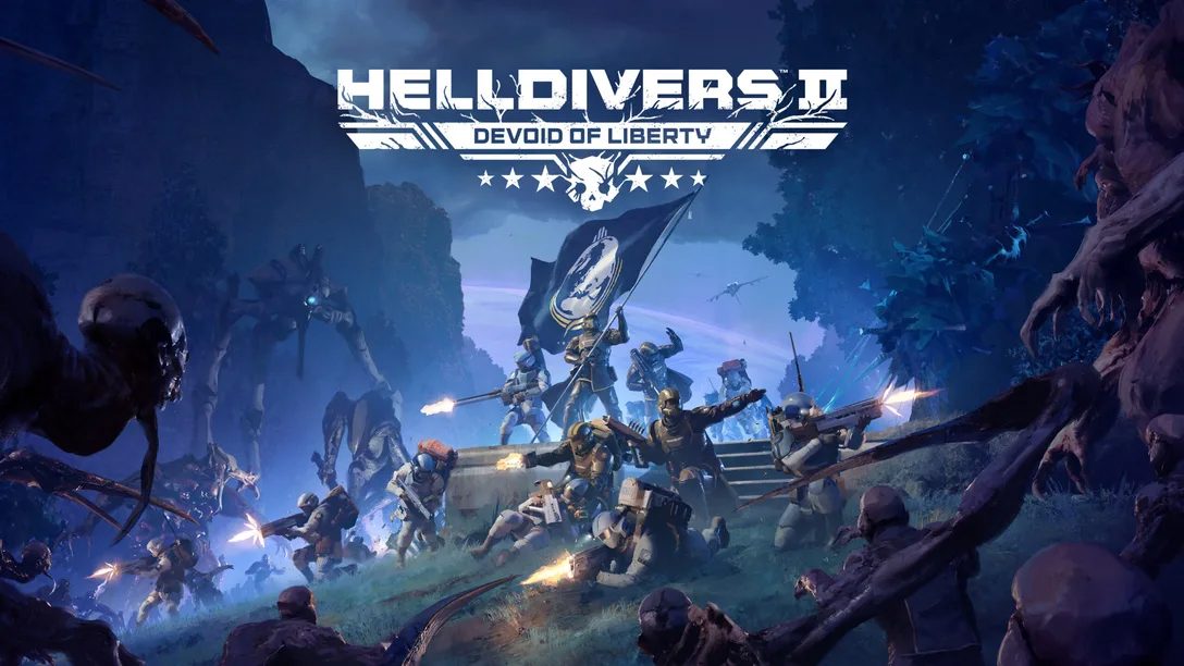 Helldivers 2: Devoid of Liberty key art featuring a squad of armored Helldivers battling alien creatures in a dark, forested landscape. Soldiers fire weapons while rallying around a raised flag, surrounded by enemies on all sides. The Helldivers 2: Devoid of Liberty logo appears above the battle.