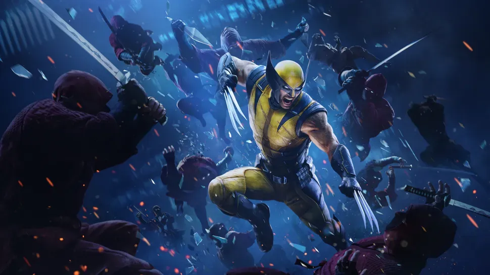 Wolverine leaps into battle with claws extended, surrounded by armed enemies amid flying debris and sparks.