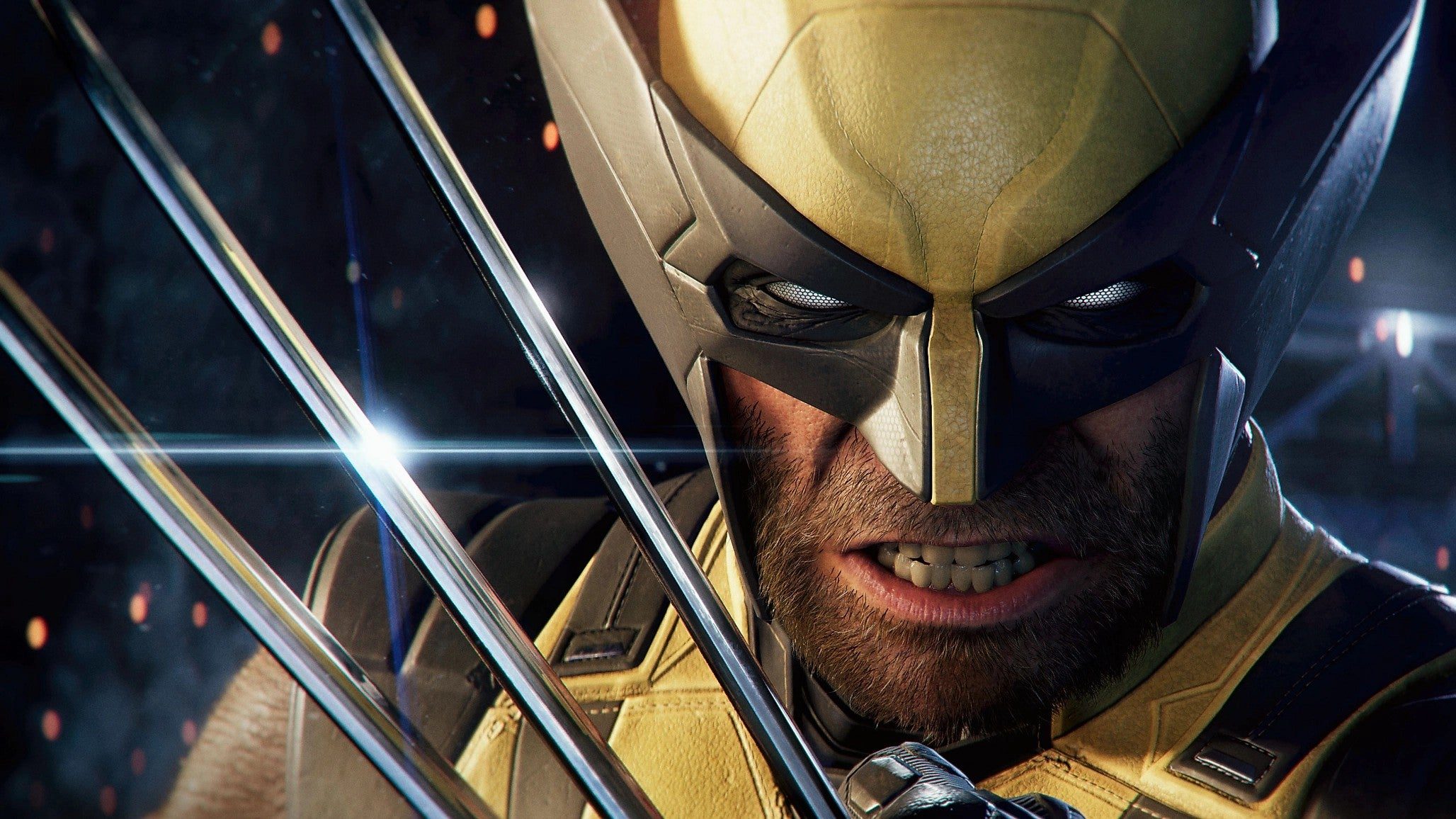 Close-up of Wolverine in his yellow-and-black mask, baring his teeth as his metal claws cross in front of his face.