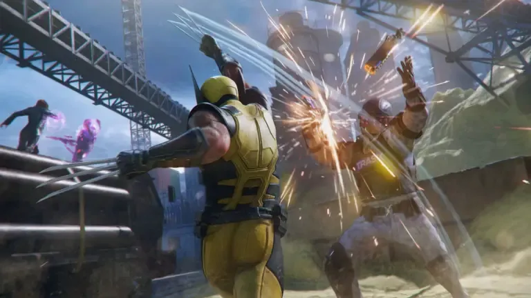 Wolverine slashes an armored enemy with his claws as sparks fly during a battle in an industrial setting.