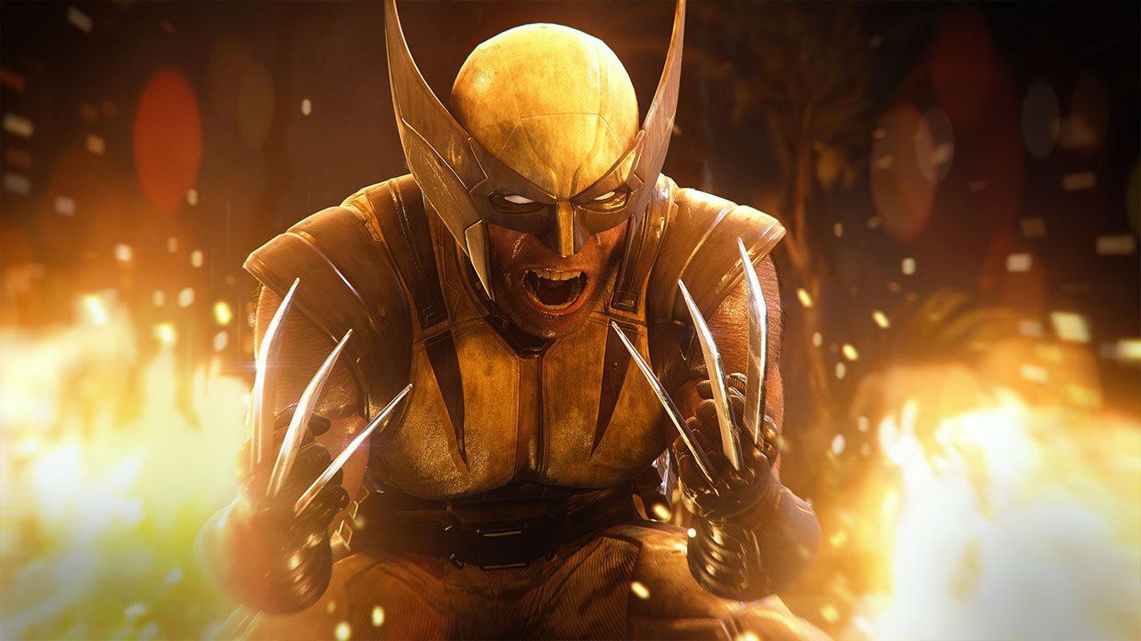 Wolverine crouches with his metal claws extended, roaring as flames and sparks blaze around him.