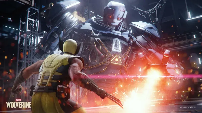 Wolverine faces a towering armored Sentinel, claws extended as sparks and an explosion erupt between them in an industrial setting.
