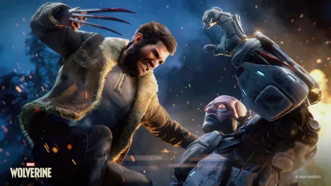 Wolverine, wearing his shearling jacket with adamantium claws extended, leaps down to strike a cybernetic Reaver mercenary surrounded by sparks and fiery explosions.