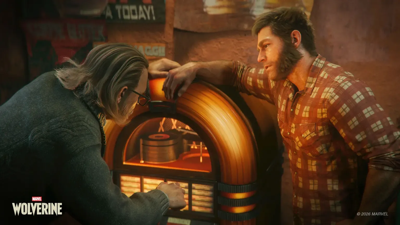 Logan in a red plaid shirt leaning against a vintage jukebox, watching a blonde man in glasses select a song inside a bar, in 'Marvel’s Wolverine'.