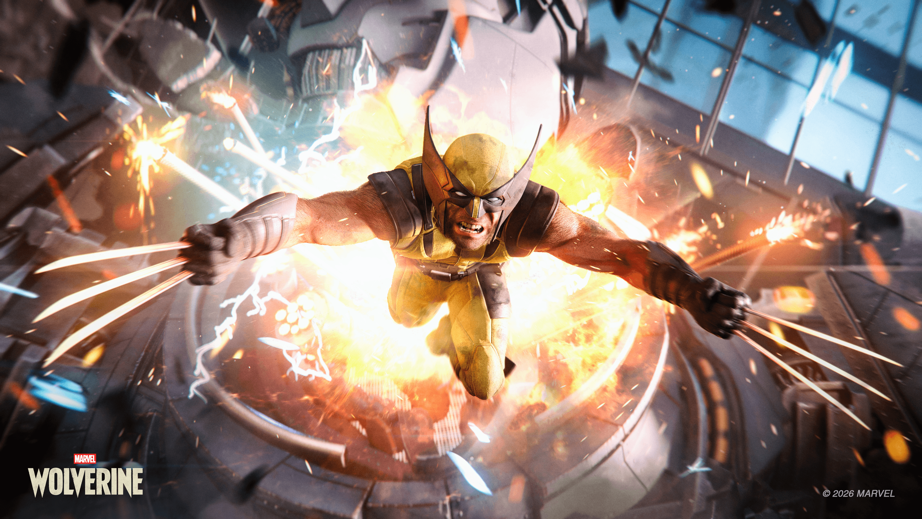 Wolverine leaps forward with his adamantium claws extended as a fiery explosion erupts behind him.
