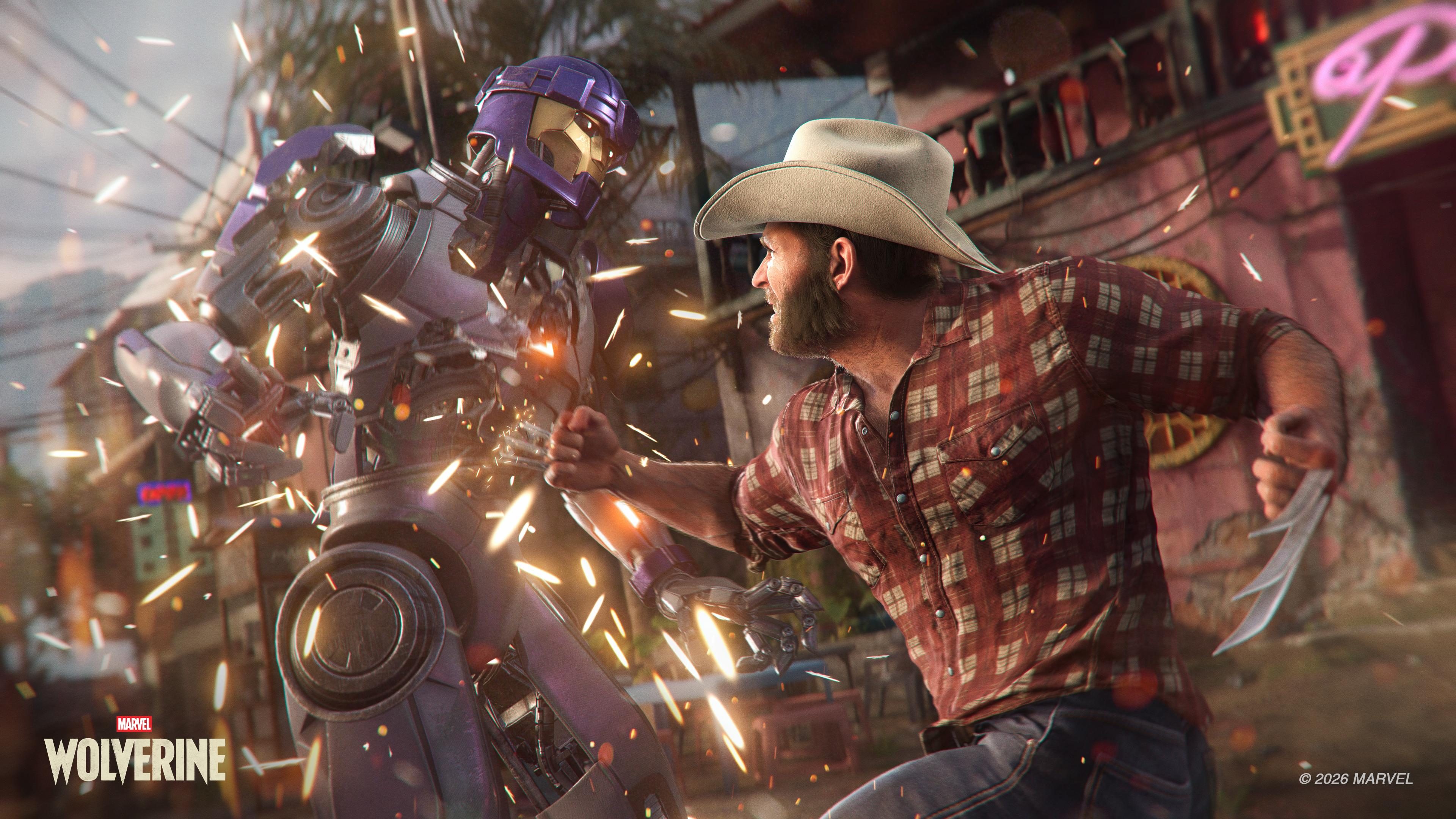 Wolverine in a cowboy hat and plaid shirt lunging with claws extended toward a metallic purple Sentinel amidst flying sparks, in 'Marvel's Wolverine'.