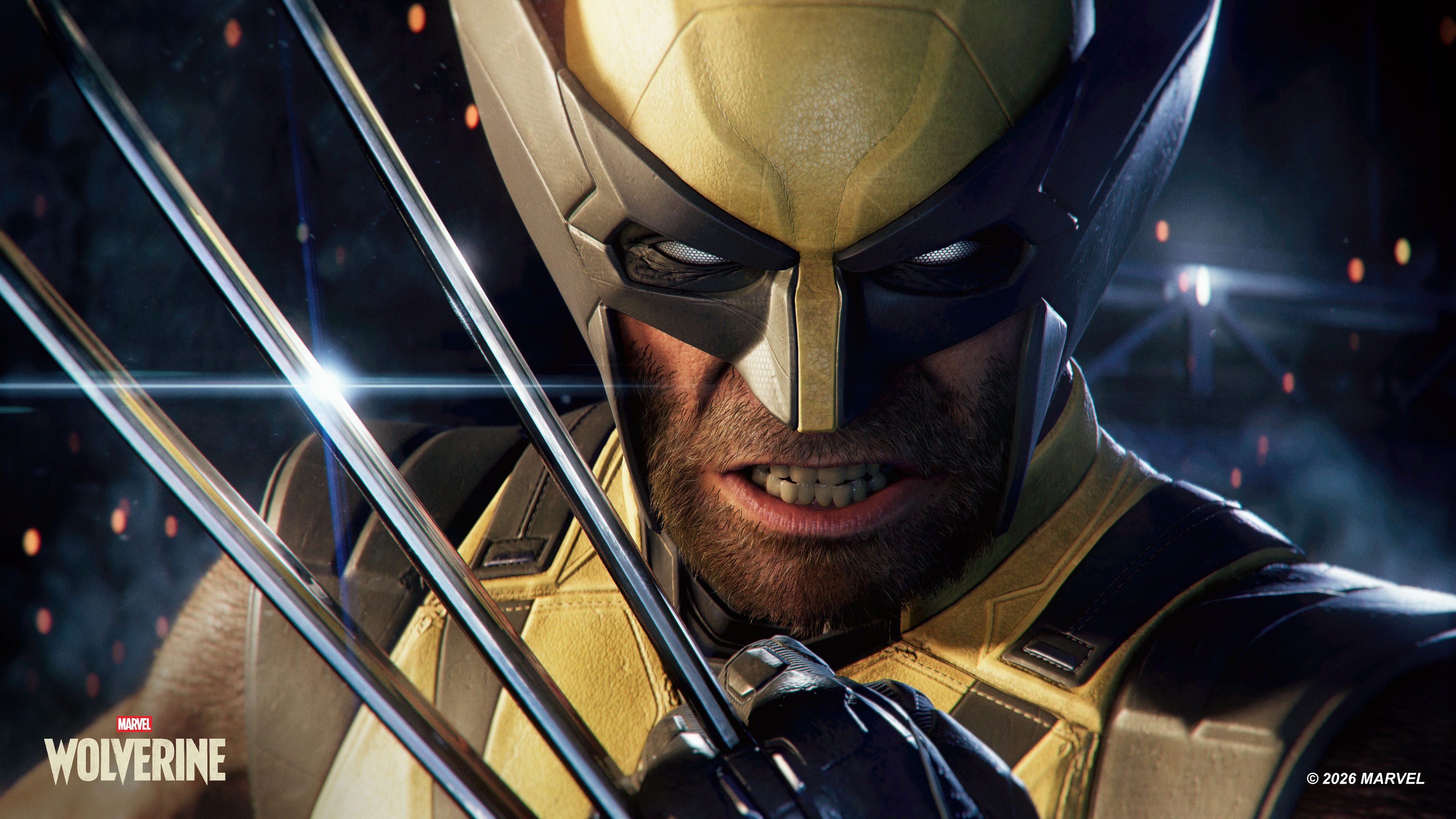 Close-up of Wolverine in his yellow-and-black mask, baring his teeth as his metal claws cross in front of his face.